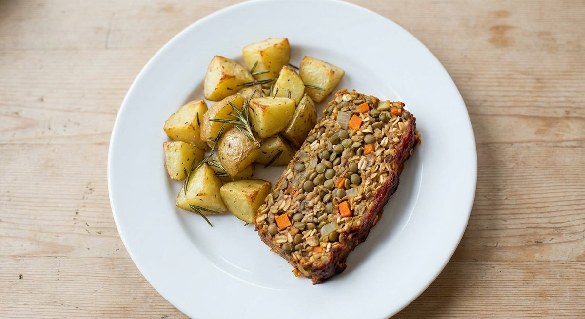 Slice of vegan lentil loaf with roasted rosemary potatoes on a white plate