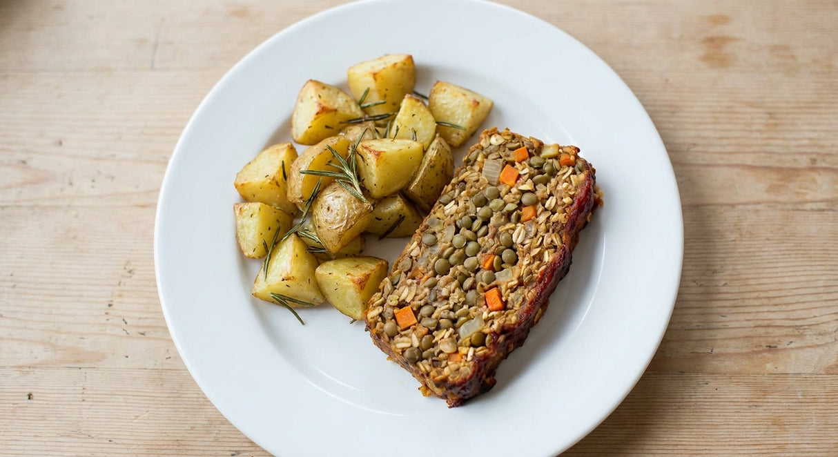 Slice of vegan lentil loaf with roasted rosemary potatoes on a white plate
